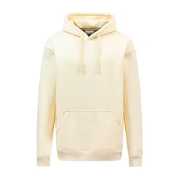 A premium hoodie in a soft cream colour with a front pocket and a hood, featuring a logo on the chest.