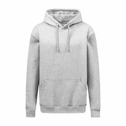 A grey hoodie with a front pocket and a drawstring hood. It features a logo on the front.