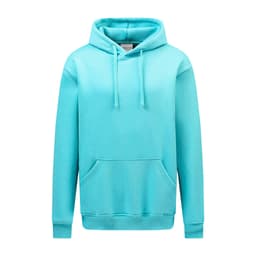 A turquoise hoodie with a front pocket and a drawstring hood, featuring a logo on the front.