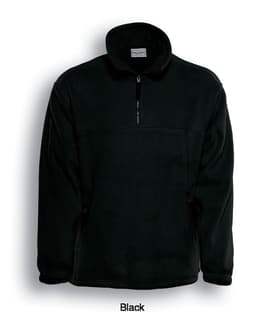A black unisex polar fleece jumper with a half zip and pockets, featuring a logo on the upper chest area.