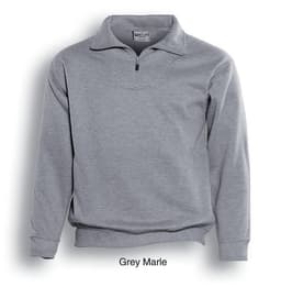 A grey marle unisex 1/2 zip fleece jumper with a pocket and a logo on the front.