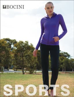 A model wearing purple sports top and black yoga tights, standing outdoors with greenery in the background. The image features a logo.