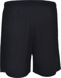 Black woven running shorts for kids, featuring an elastic waistband and a logo. Suitable for sports activities.