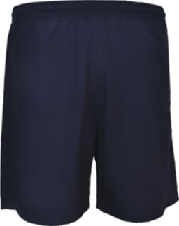 Navy blue woven running shorts with an elastic waistband and a branding logo. Ideal for sports activities.
