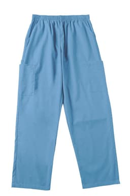 Light blue ladies' scrub pants with an elastic waistband and two side pockets, featuring a branding logo.