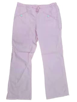 Ladies' scrub pants in light pink, featuring front pockets and a drawstring waist. Includes a logo on the design.