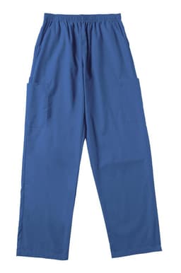 Blue ladies scrub pants with an elastic waistband and two side pockets. The pants have a simple design and include a logo.