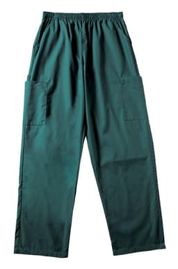 Ladies scrub pants in a rich green colour, featuring side pockets and an elastic waistband. Includes a logo.