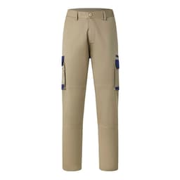Khaki work pants with multiple cargo pockets and blue accents, featuring a branded label.
