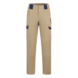 Utility pants in khaki with navy accents and multiple pockets, featuring a logo on the waistband.