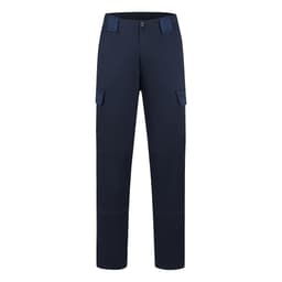 Navy utility pants featuring multiple pockets and a straight-leg design. Includes a logo on the waistband.