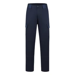 Navy utility pants featuring pockets and a modern design, suitable for workwear. Includes a logo on the waistband.