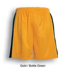 Unisex adults soccer panel shorts in gold with bottle green sides; features a logo on the design.