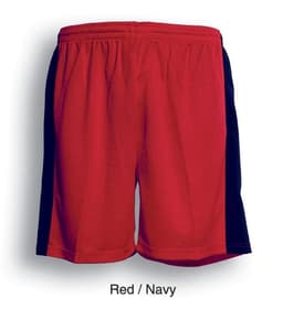 Unisex adults soccer panel shorts in red and navy, featuring an elastic waistband and a logo.