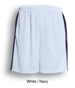 Unisex adults' soccer panel shorts in white and navy, featuring a logo and a mesh fabric design.