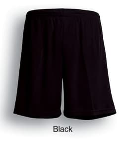 Black unisex football shorts with an elastic waistband, featuring a logo on the back.