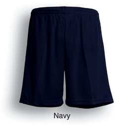 Navy unisex football shorts with an elastic waistband and a logo on the side. Soft fabric suitable for sports.