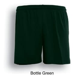 Bottle green unisex sports shorts with an elastic waistband and a logo. Ideal for casual or athletic wear.