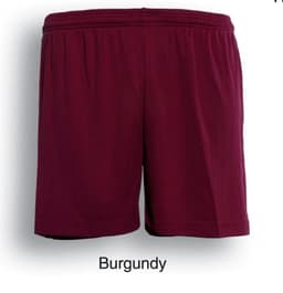 Burgundy unisex sports shorts with an elastic waistband and a plain design, featuring a logo.