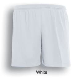 White unisex sports shorts with an elastic waistband and a simple design, featuring a branding logo.