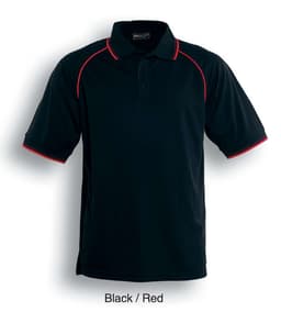 A black and red unisex polo shirt with short sleeves and a collar. It features contrasting stitching and a logo.