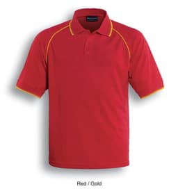 A red polo shirt with gold accents and a logo, featuring a classic collar and short sleeves.