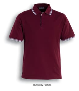 A burgundy polo shirt with white double stripes and a logo on the chest. Features a classic collar and buttons.