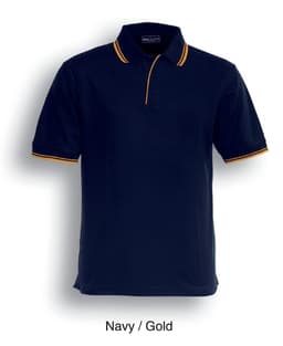 A navy polo shirt with gold double stripes on the collar and sleeves, featuring a logo.