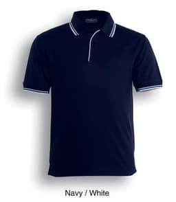A navy and white double striped unisex polo shirt displayed front-facing, featuring a collar and logo.