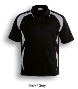 A black and grey polo shirt featuring a logo and dynamic side design elements.