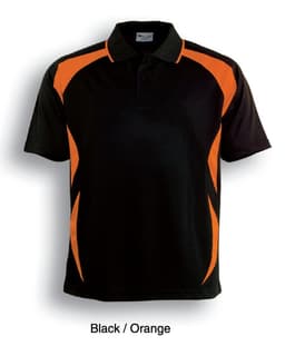 A black and orange unisex polo shirt featuring a logo. The design includes contrasting colour panels.