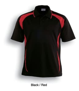 A black and red unisex polo shirt featuring short sleeves and a logo on the chest.