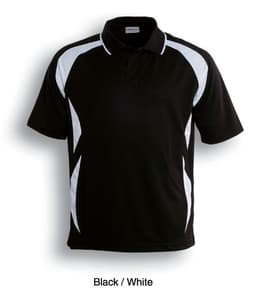 A black and white unisex polo shirt featuring contrasting side panels and a logo.