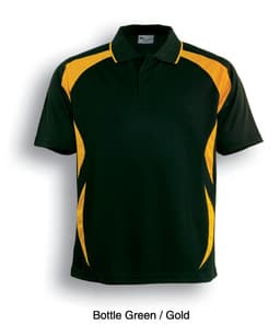 A bottle green and gold unisex sports polo shirt with a logo on the chest.