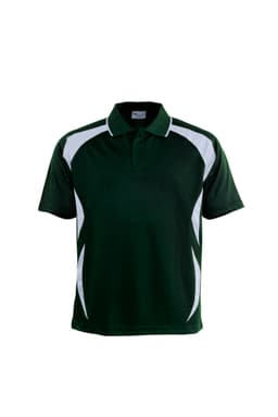 A dark green polo shirt with white accents and a logo on the chest. Suitable for unisex adults.