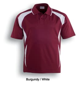 A burgundy polo shirt with white accents and a logo. Suitable for unisex adults.