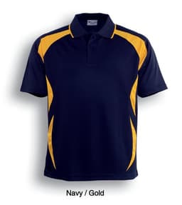 A navy and gold unisex polo shirt with a logo, featuring contrasting side panels.