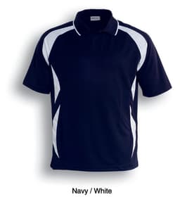 A navy and white unisex sports polo shirt featuring contrasting panels and a logo.