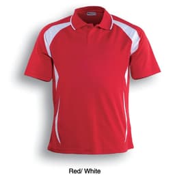 A red and white unisex polo shirt featuring a logo and sporty design elements.
