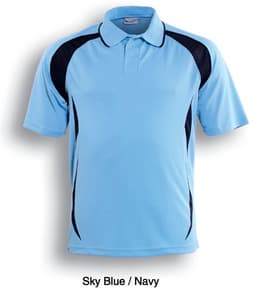 A sky blue polo shirt with navy accents and a logo on the left chest area.