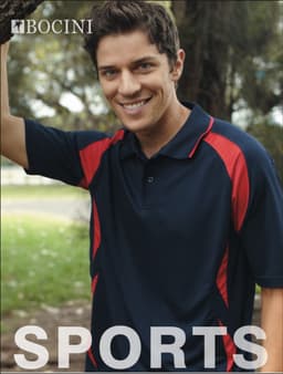 Unisex Adults Breezeway Sports Polo in navy blue and red, featuring a logo and displayed by a smiling model outdoors.