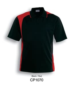A black polo shirt with red asymmetrical accents and a logo. Ideal for unisex adults.