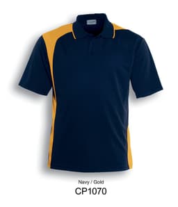 A navy and gold unisex asymmetrical polo shirt featuring a collar and logo. Ideal for casual wear.