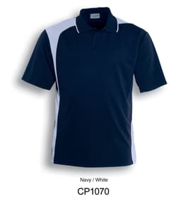 A navy and white unisex asymmetrical polo shirt with a logo on the chest.
