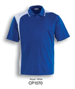 A blue and white unisex asymmetrical polo shirt with a logo, featuring a collar and short sleeves.