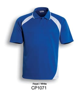 A royal blue and white unisex polo shirt with a logo, featuring a classic collar and short sleeves.
