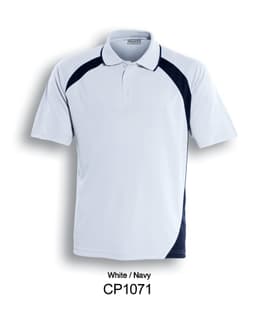 A white and navy unisex polo shirt featuring a contrasting design and a collar, with a logo present.