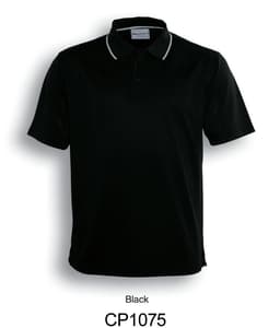 A black unisex polo shirt featuring a collar and contrasting detailing, with a logo on the chest.