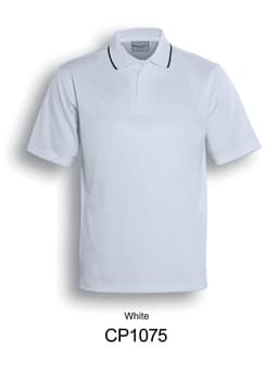 A white unisex polo shirt featuring a contrasting collar and a logo on the chest.