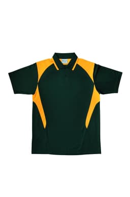 A unisex polo shirt in dark green with orange contrast panels and a logo on the chest.